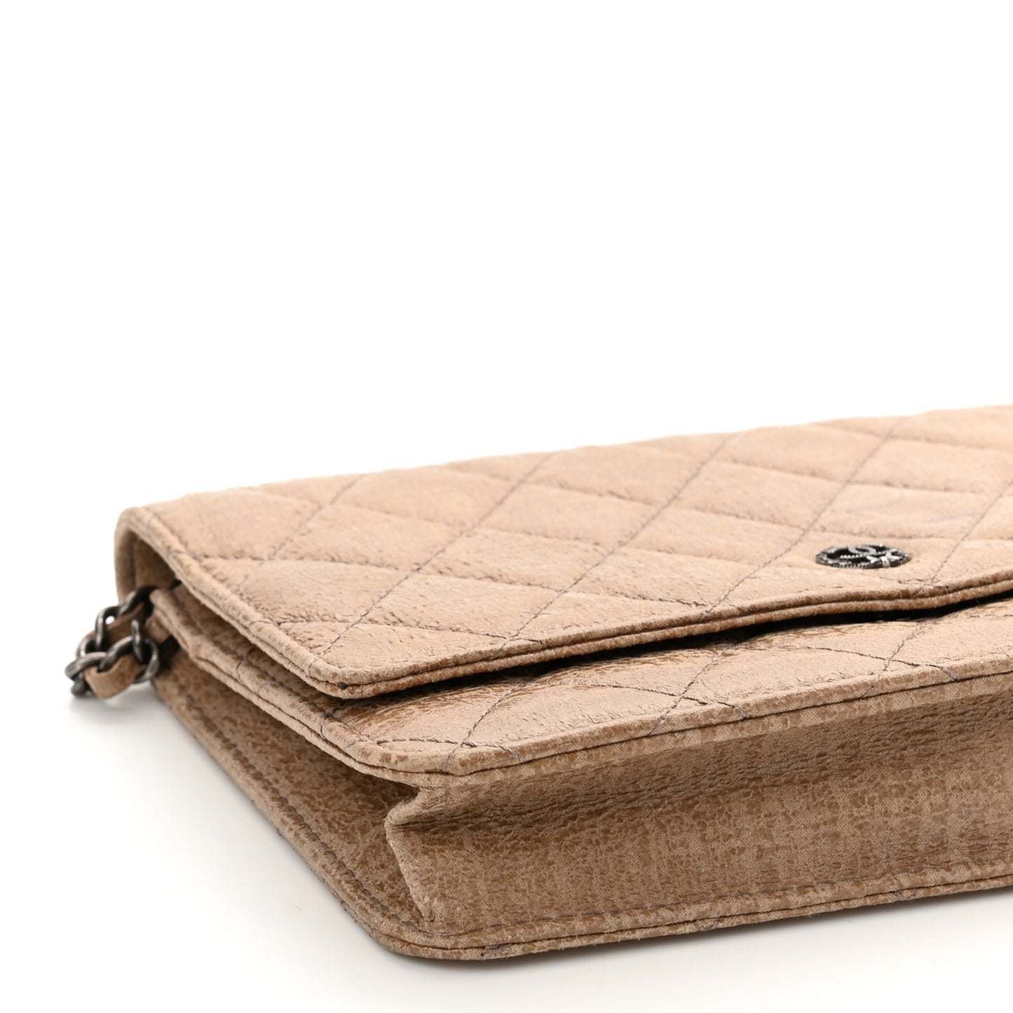 Crackled Coated Fabric Quilted Wallet On Chain WOC Beige