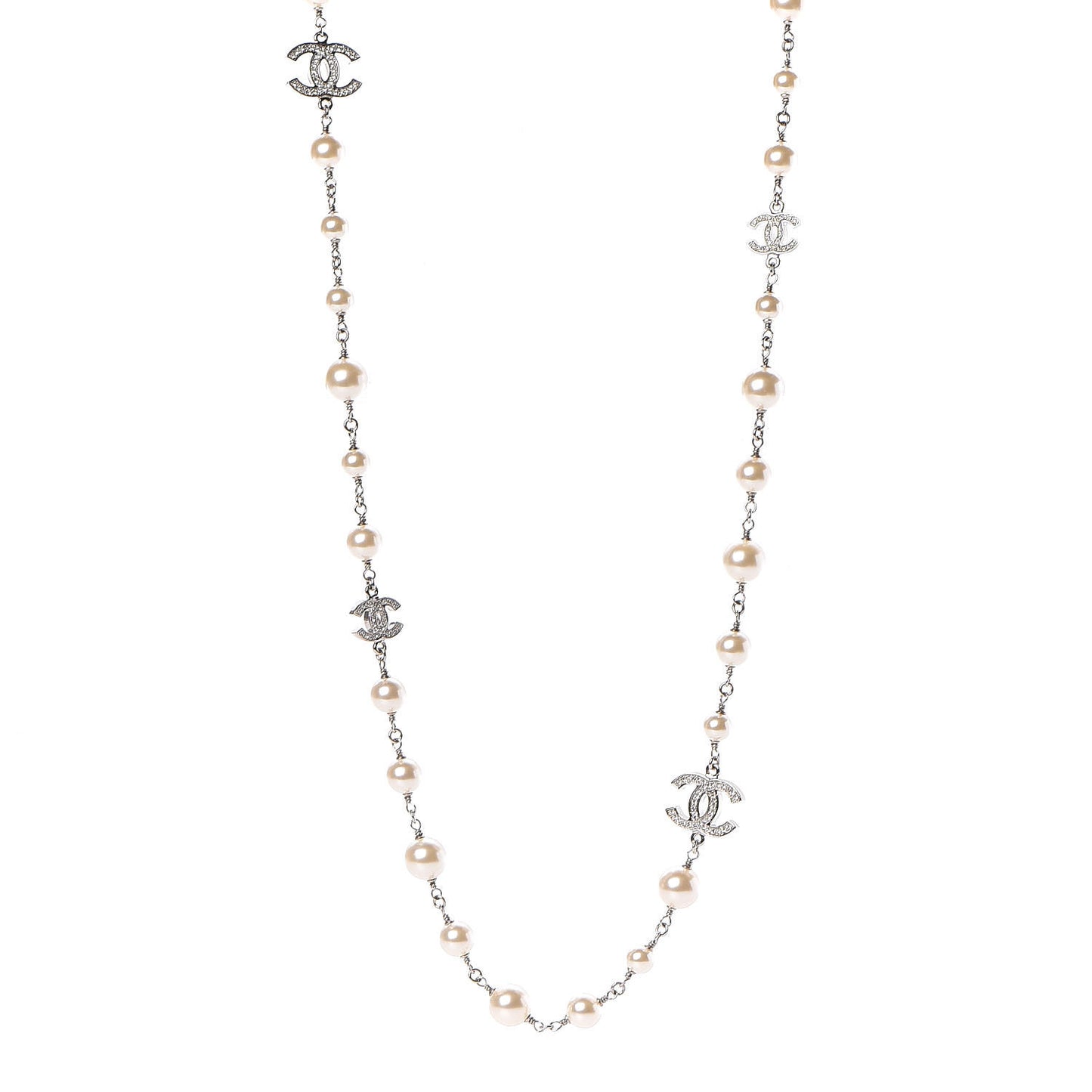 Graduated Pearl Crystal CC Long Necklace Silver
