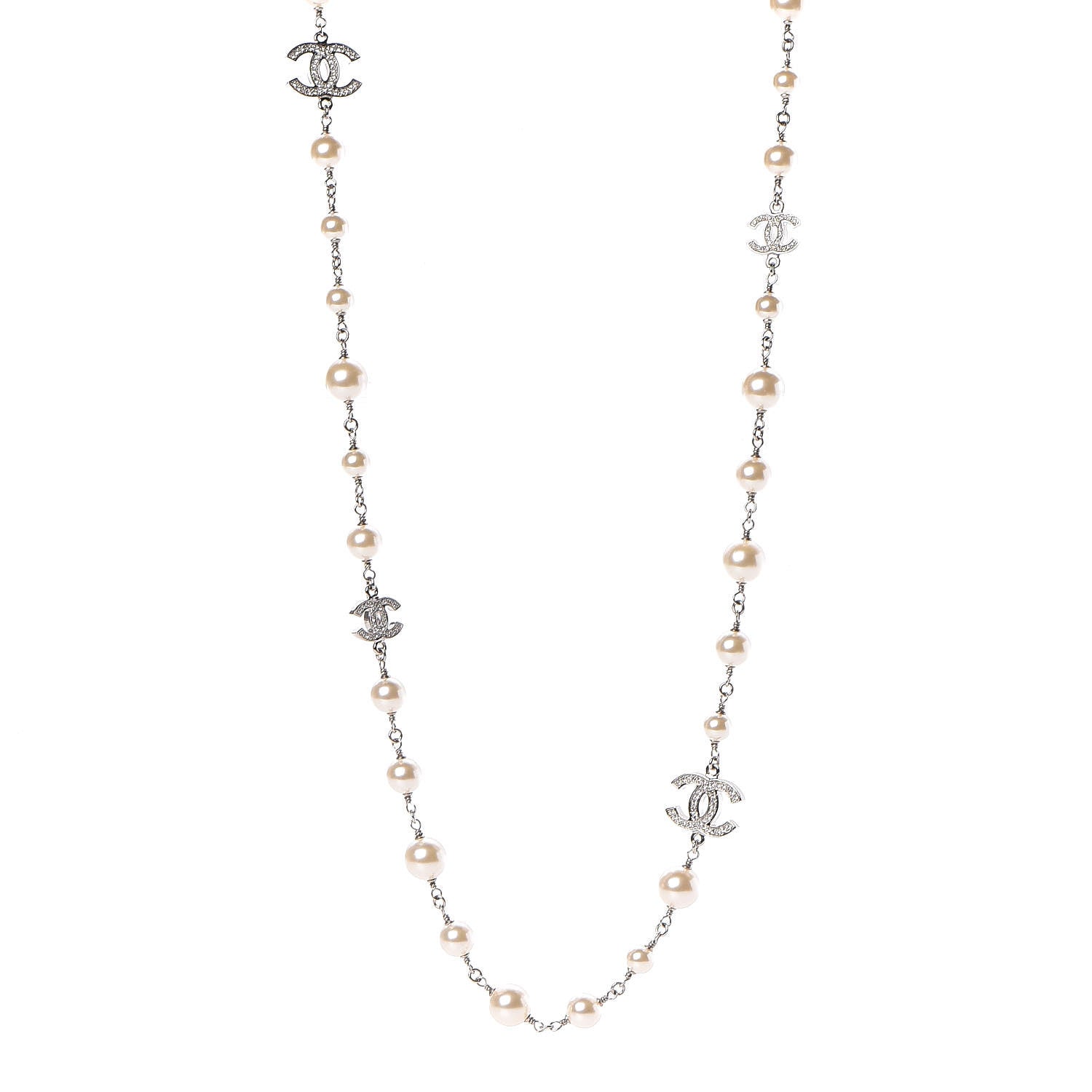 Chanel Graduated Pearl Crystal CC Long Necklace Silver 1 of 5