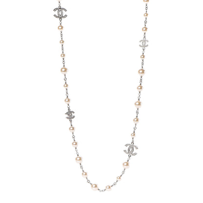 Chanel Graduated Pearl Crystal CC Long Necklace Silver 1 of 5