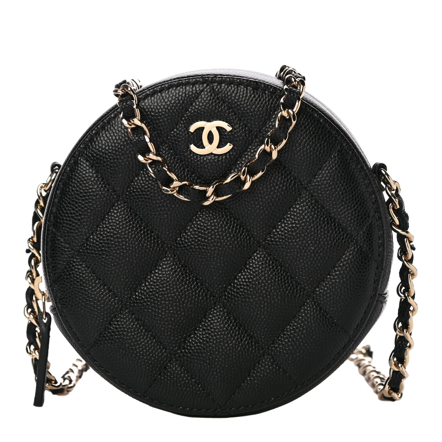 Caviar Quilted Round Clutch With Chain Black