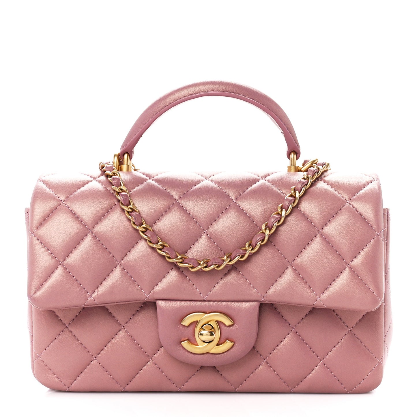 Iridescent Lambskin Quilted Mini Top Handle Rectangular Flap Pink