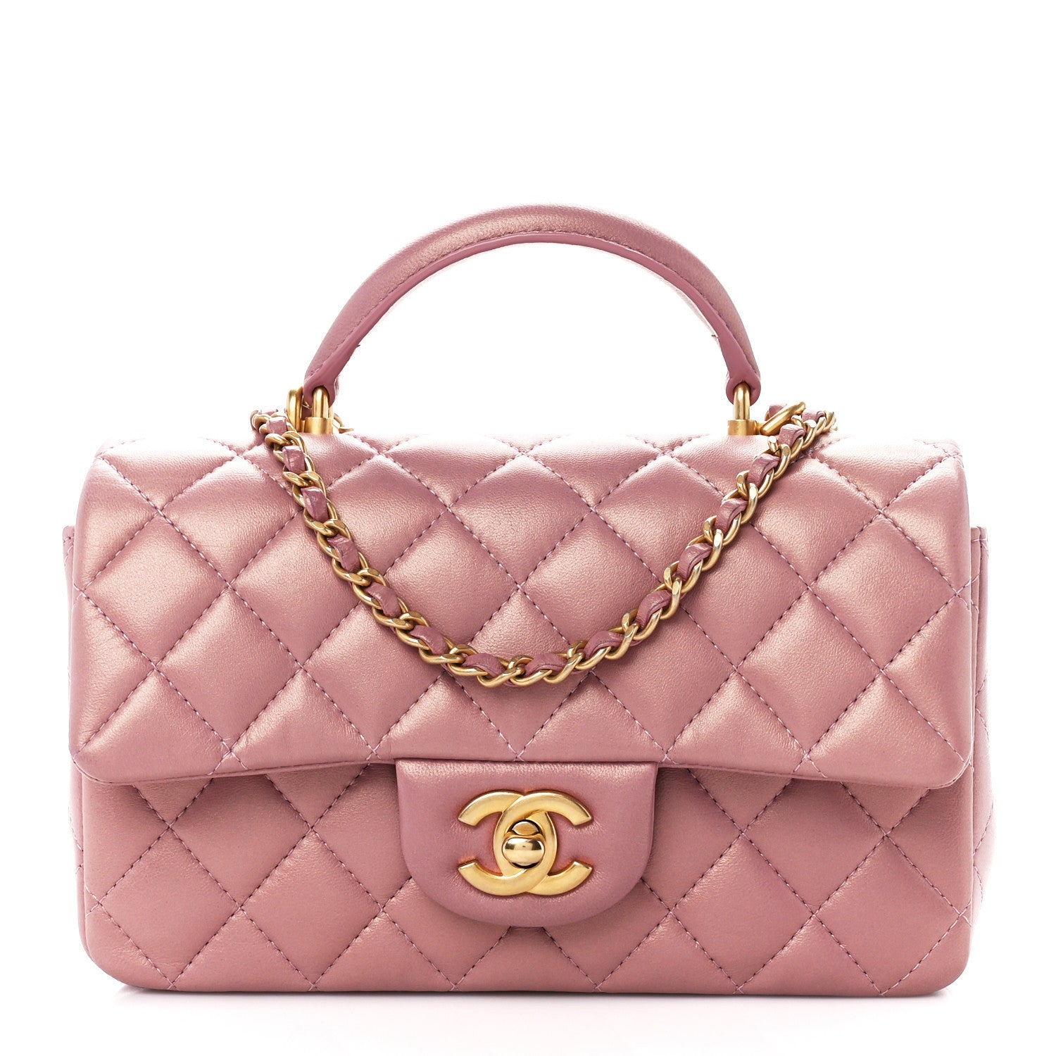 Chanel Iridescent Lambskin Quilted Mini Top Handle Rectangular Flap Pink 1 of 5