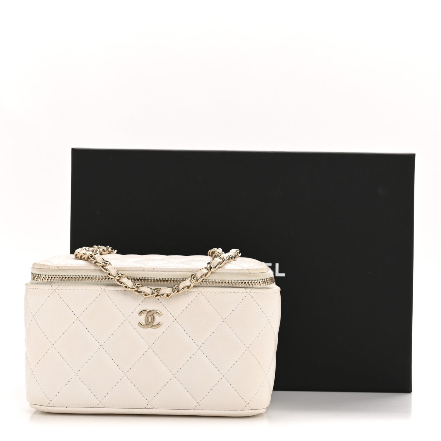 Caviar Quilted Small Vanity Case With Chain White