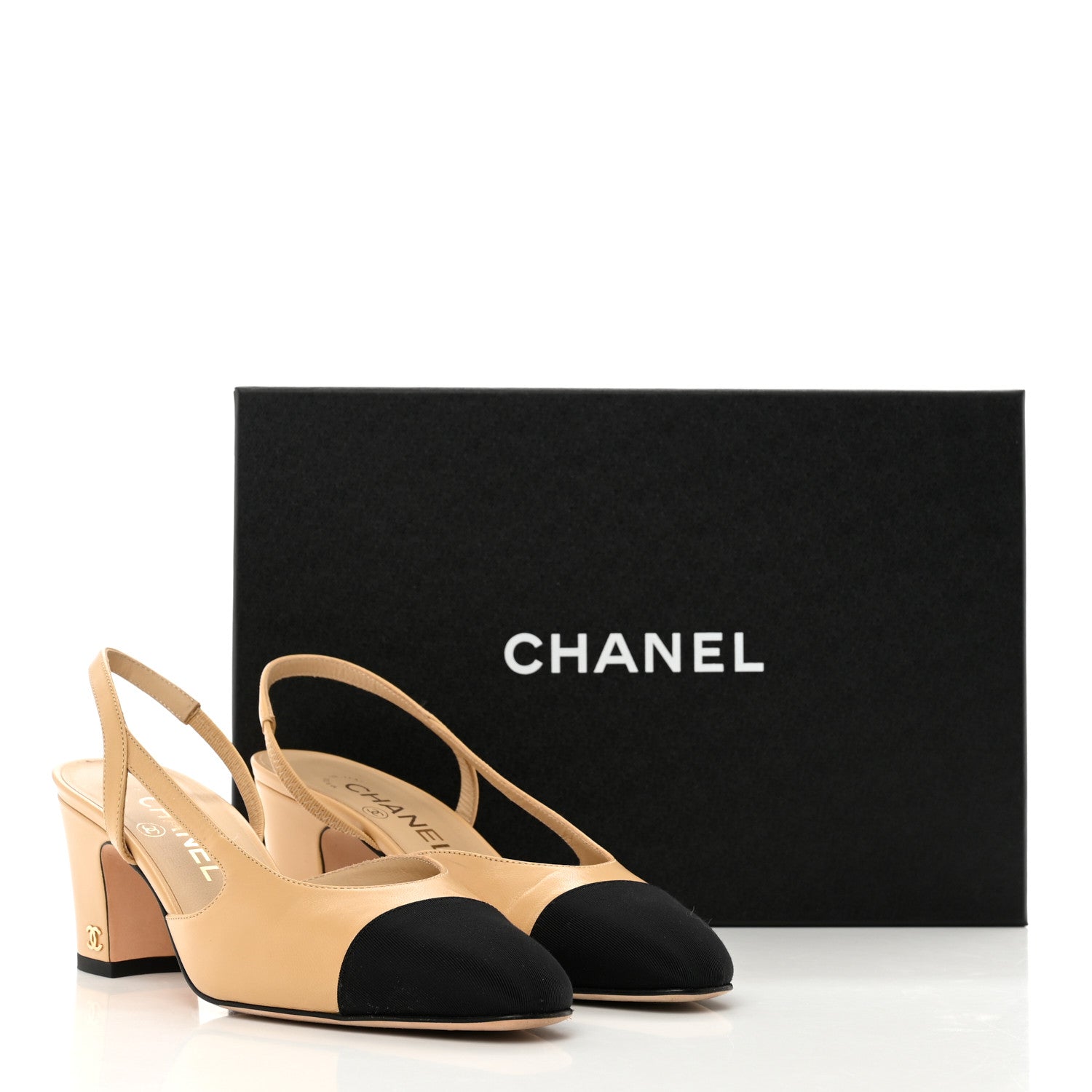 Chanel Lambskin Grosgrain Cap Toe CC Slingback Pumps 36.5 Beige Black 11 of 11