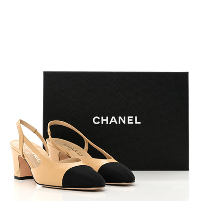 Chanel Lambskin Grosgrain Cap Toe CC Slingback Pumps 36.5 Beige Black 11 of 11