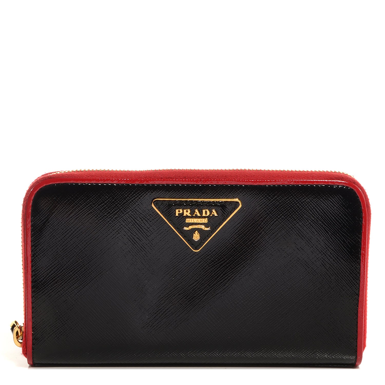 Prada Saffiano Vernice Bi-Color Zip Around Wallet Black Rosso 1 of 9