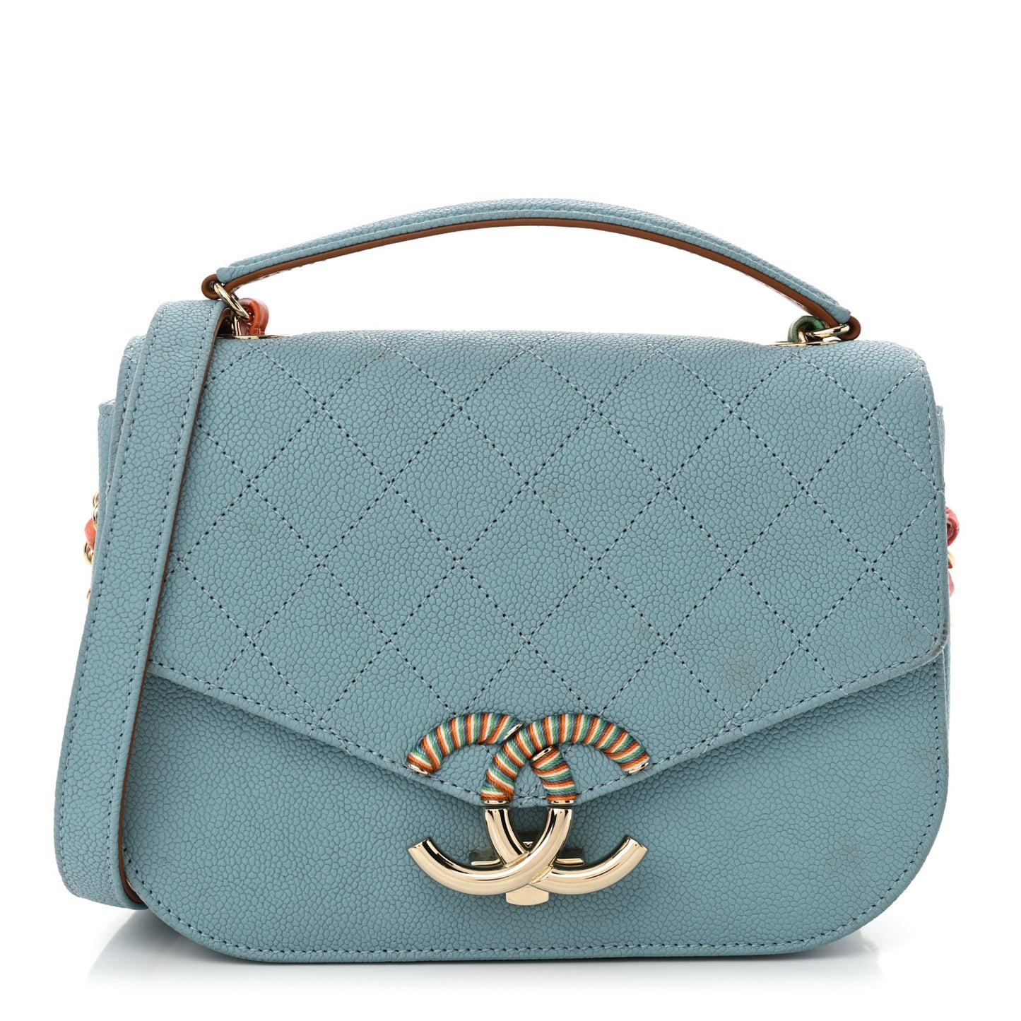 Grained Calfskin Quilted Small Cuba Top Handle Flap Blue