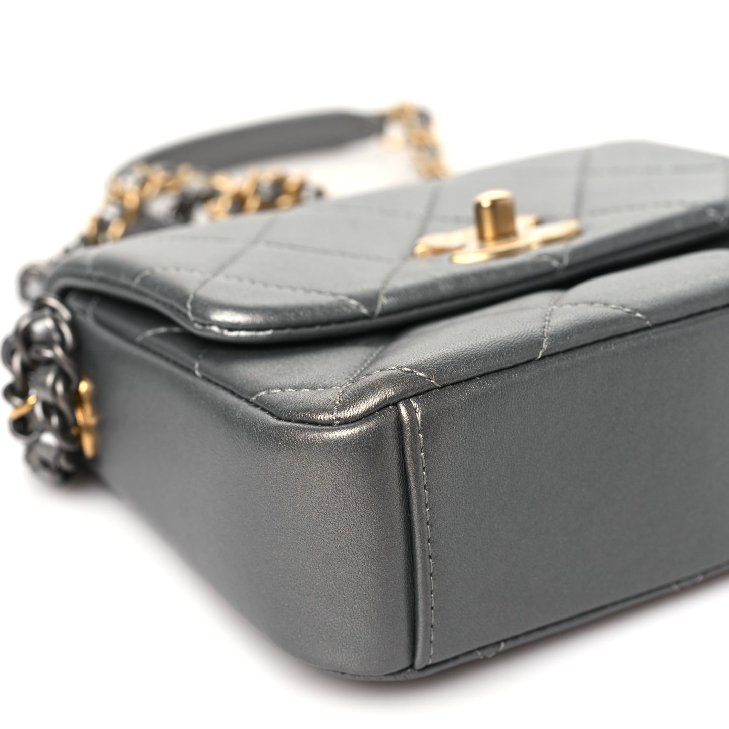 Metallic Lambskin Quilted Mini Side Note Flap Grey