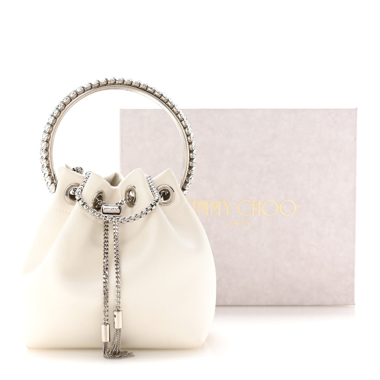 Satin Crystal Embellished Bon Bon Bucket Bag White