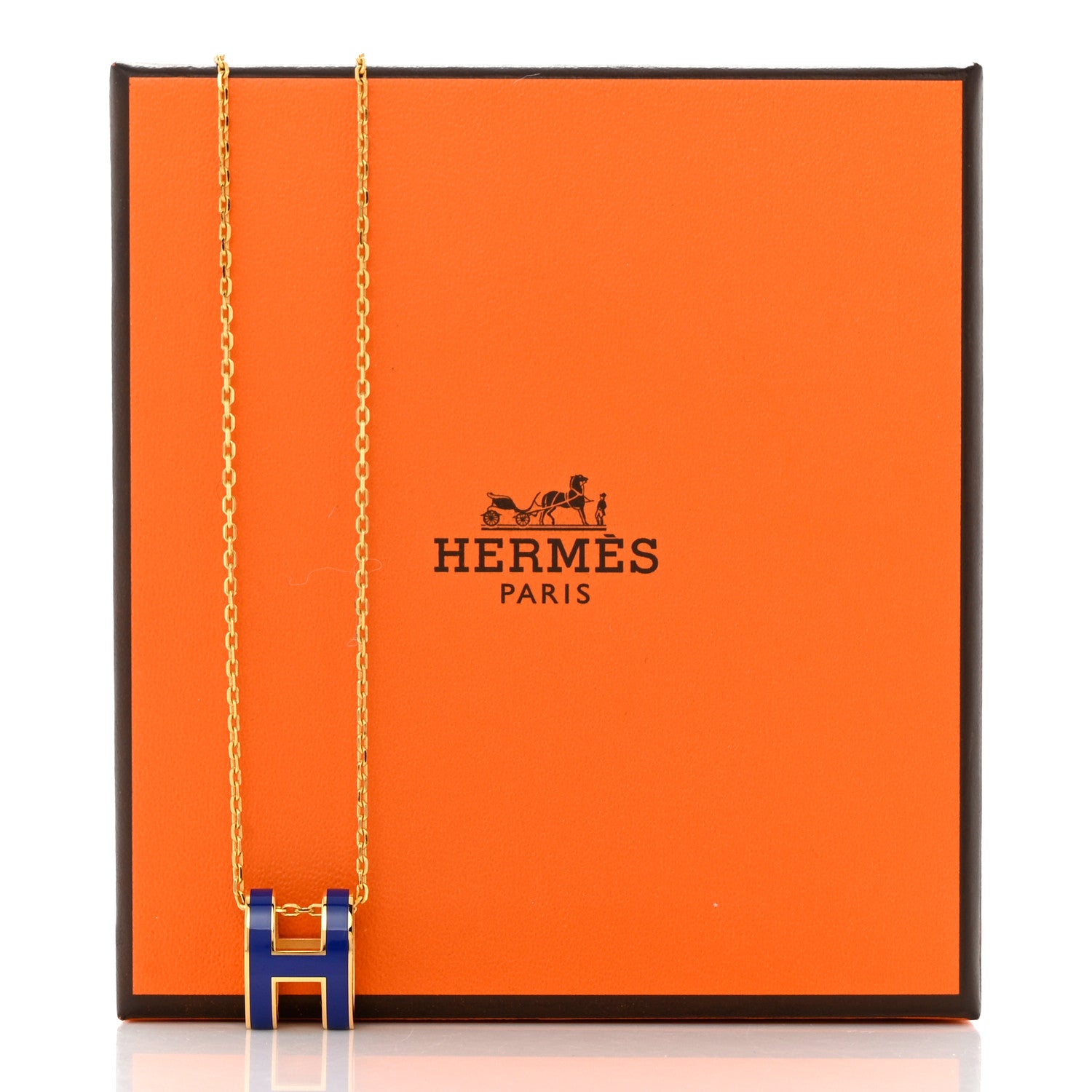 Hermes Lacquered Gold Pop H Pendant Necklace Bleu Royal 8 of 8
