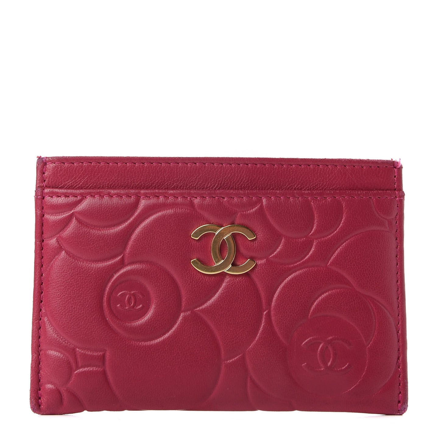 Lambskin Camellia Card Holder Fuchsia