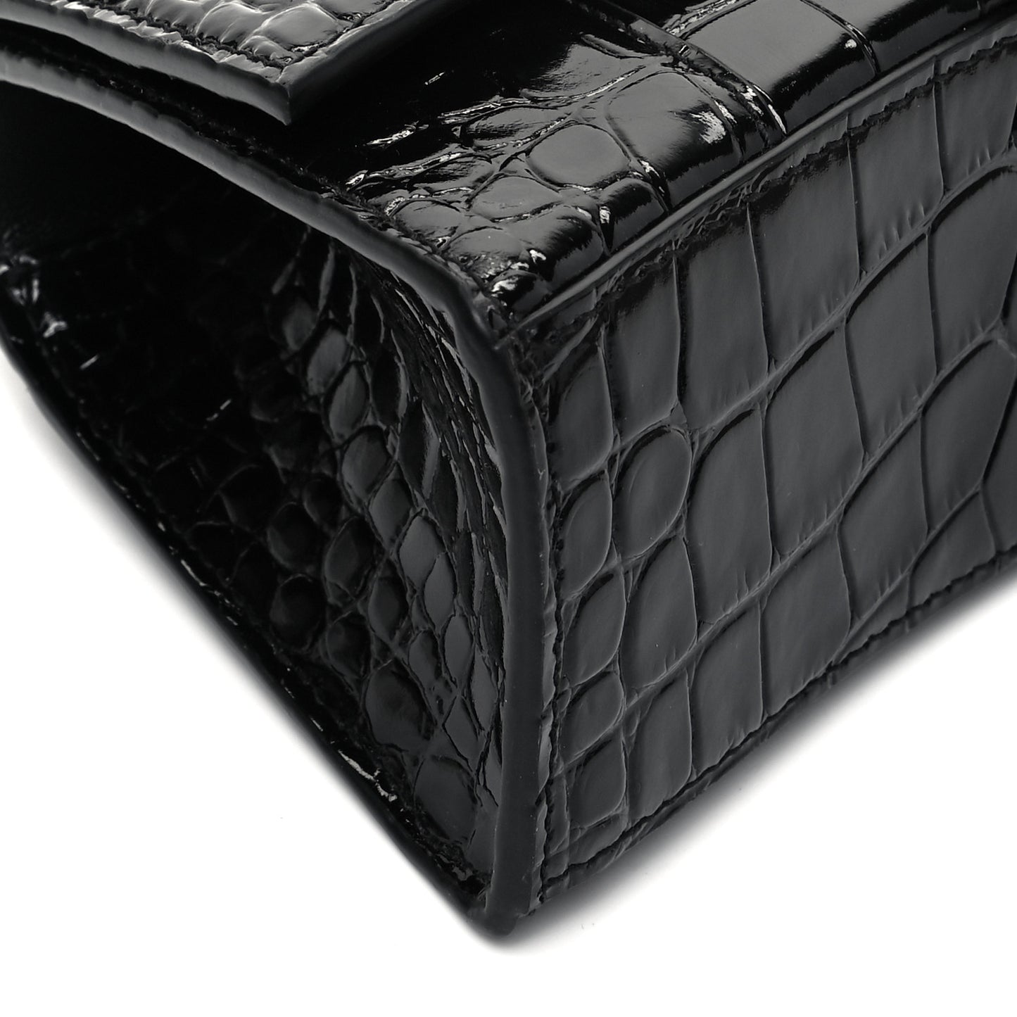 Shiny Calfskin Monochrome Crocodile Embossed Hourglass Top Handle Bag XS Black