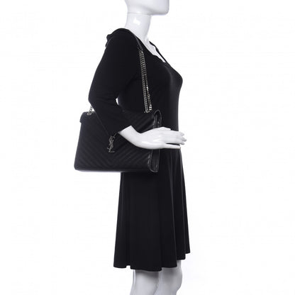 Saint Laurent Grain De Poudre Matelasse Chevron Large Monogram Satchel Black 2 of 11
