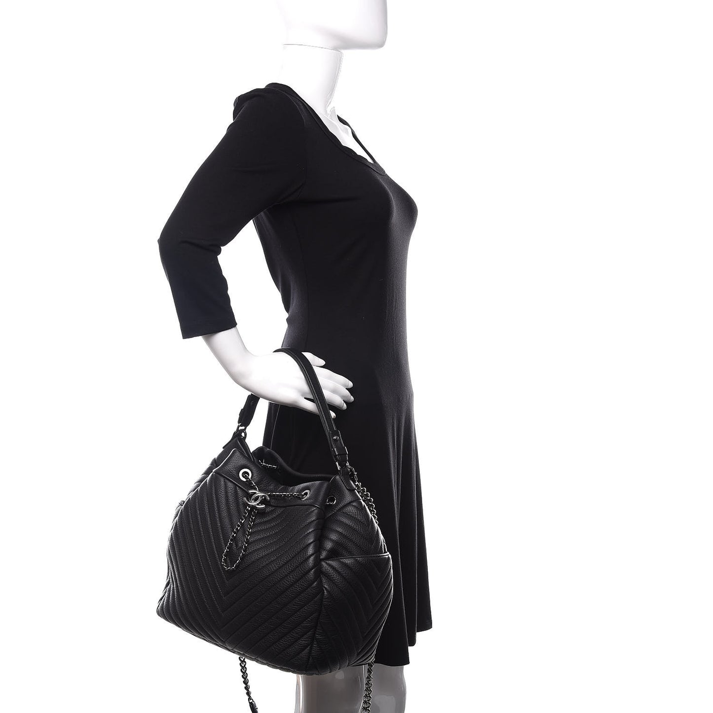 Deerskin Chevron Large CC Chain Bucket Drawstring Bag Black