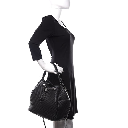 Chanel Deerskin Chevron Large CC Chain Bucket Drawstring Bag Black 2 of 12