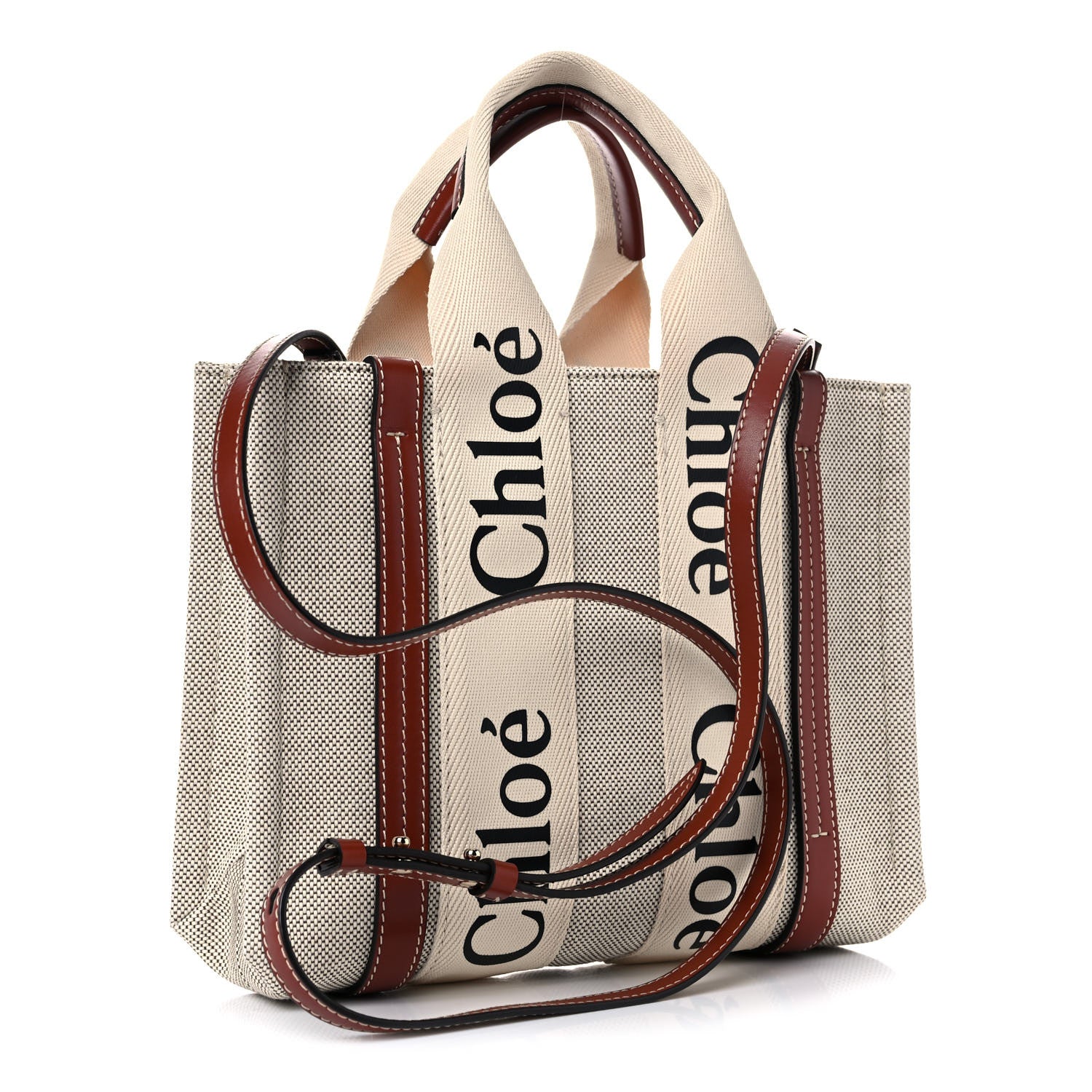 Chloe Cotton Calfskin Small Woody Ribbon Tote With Strap White Brown 4 of 20