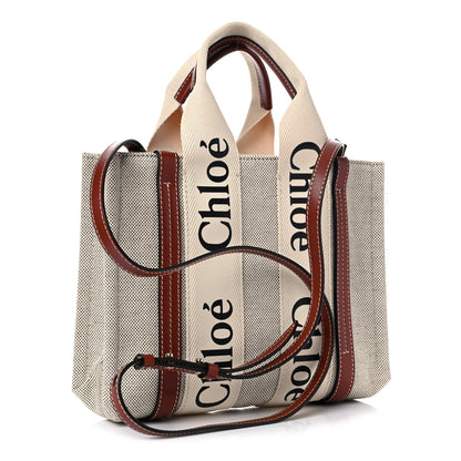 Chloe Cotton Calfskin Small Woody Ribbon Tote With Strap White Brown 4 of 20