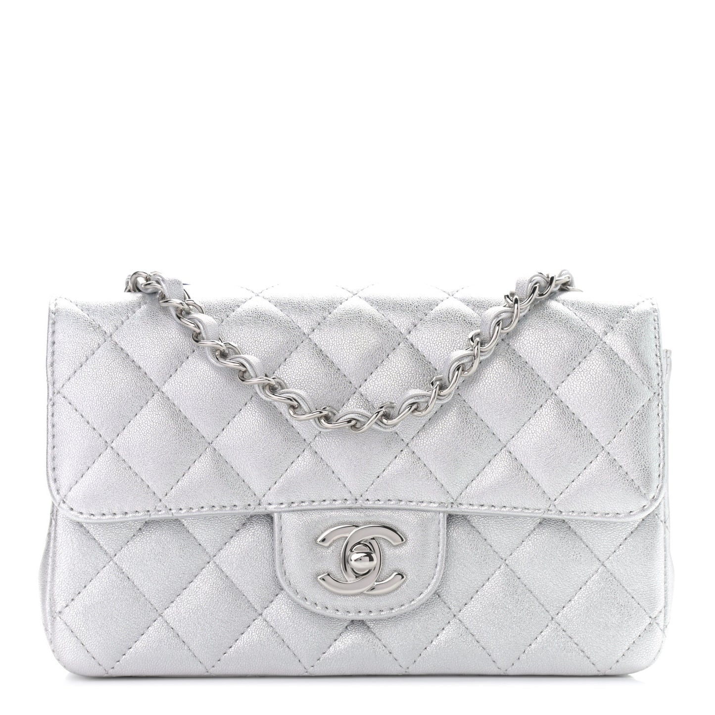 Metallic Lambskin Quilted Mini Rectangular Flap Silver