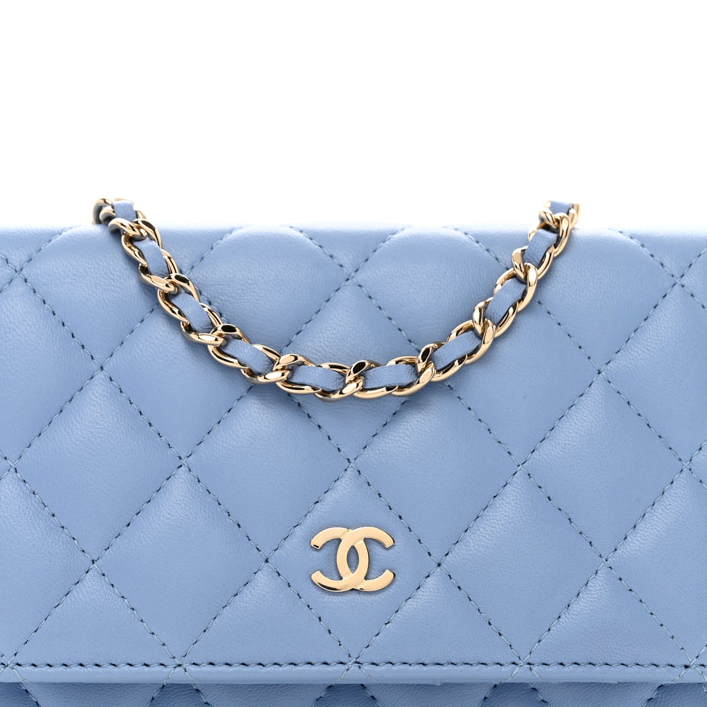 Lambskin Quilted Mini Wallet On Chain WOC Light Blue