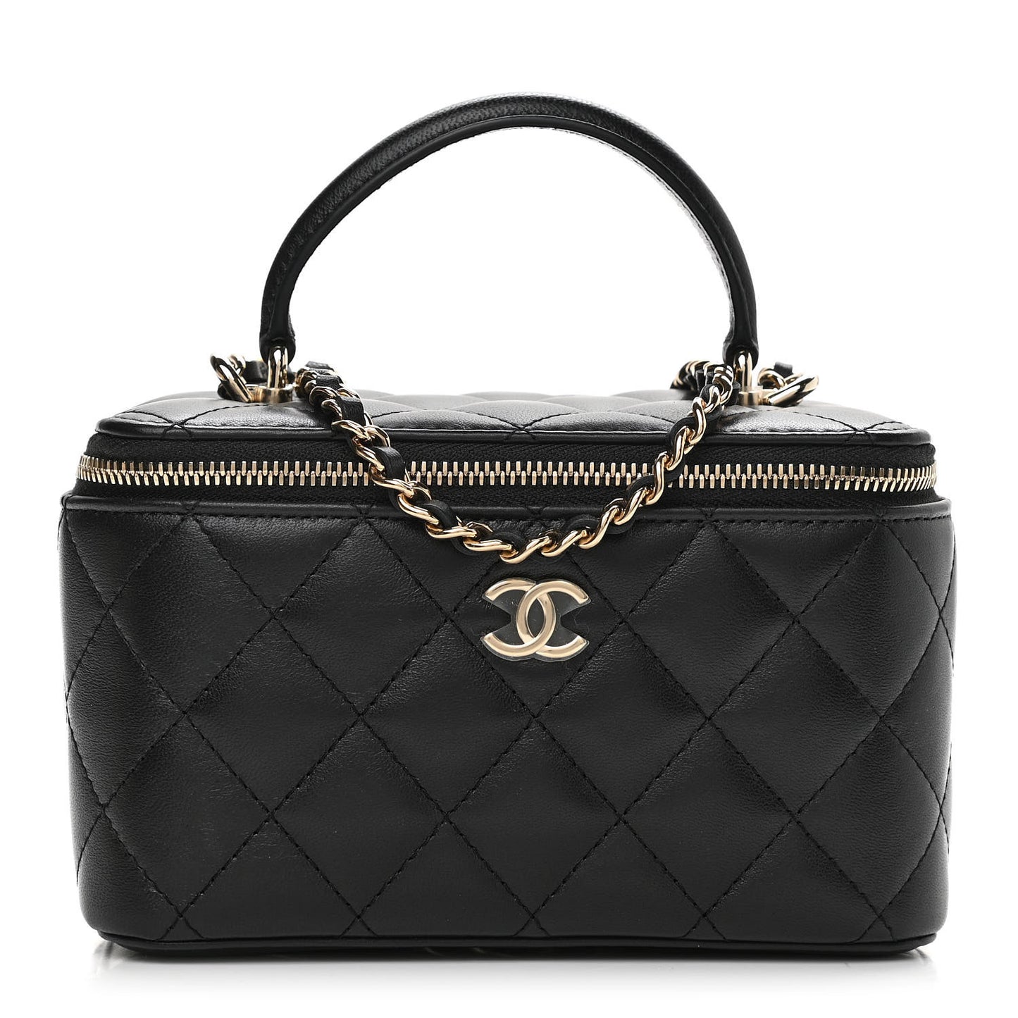 Lambskin Quilted Small Top Handle Vanity Case With Chain Black