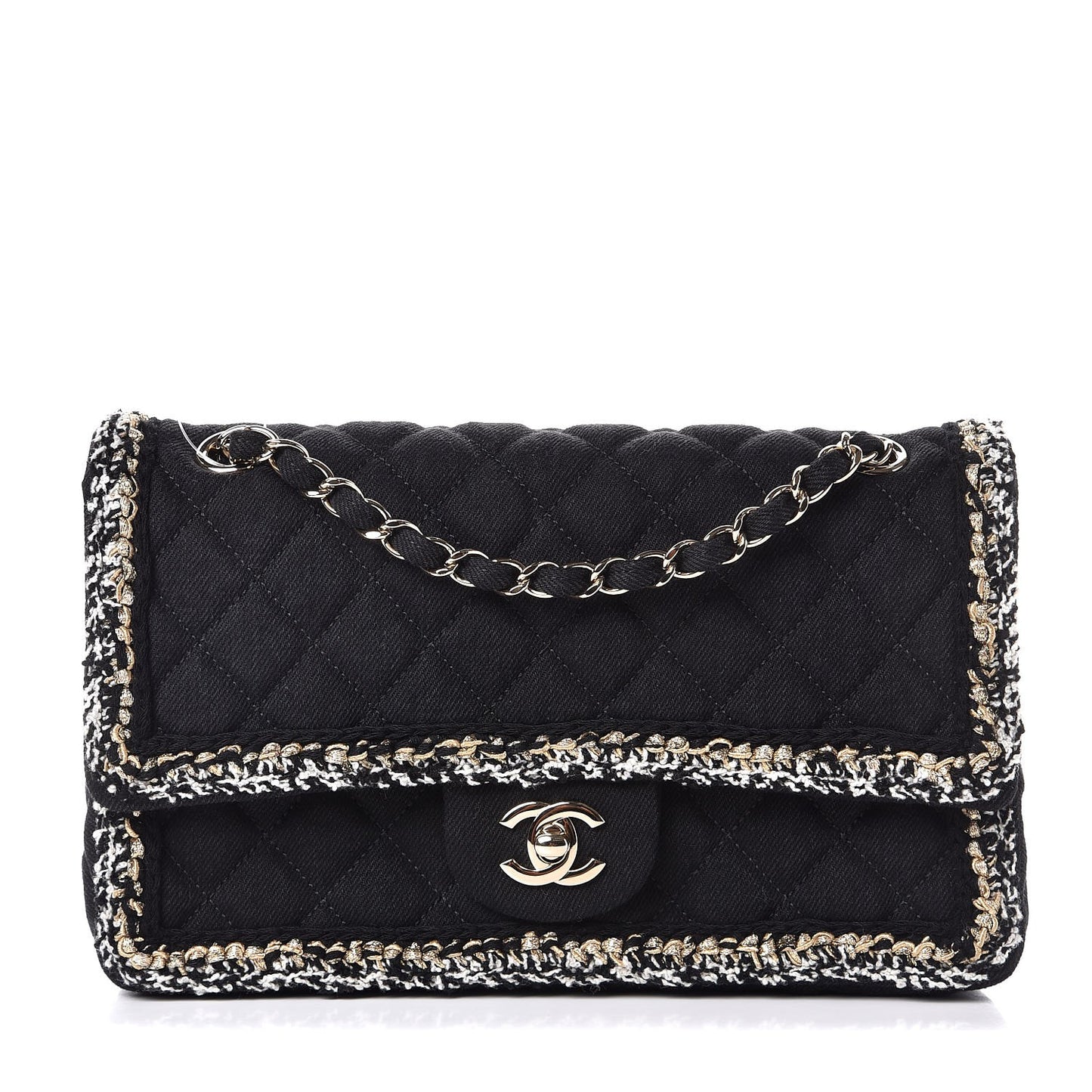 Denim Braided Medium Flap Bag Black