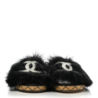 Chanel Shearling Lambskin CC Mules 40 Black White 2 of 8