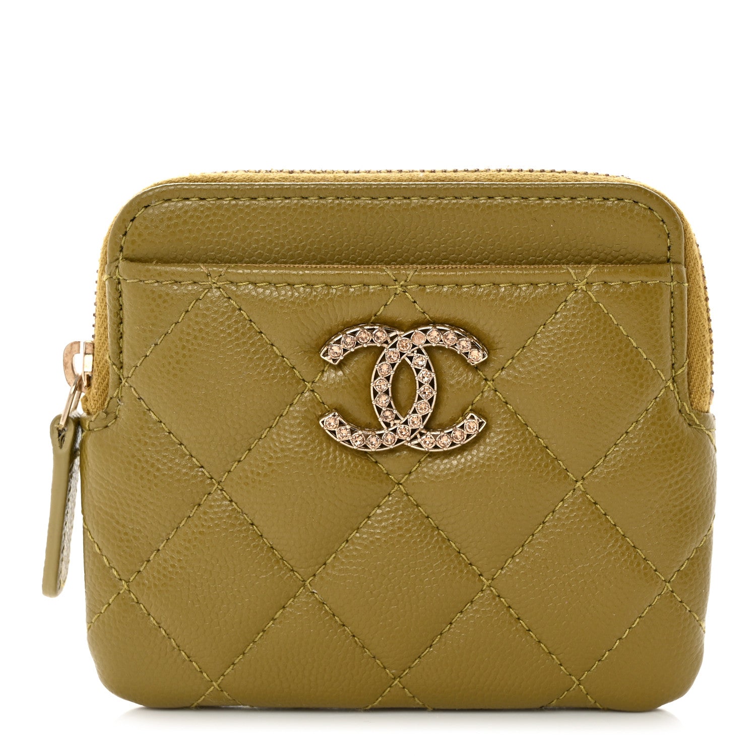 Chanel Caviar Metal Quilted Zip Card Holder Wallet Green 1 of 9