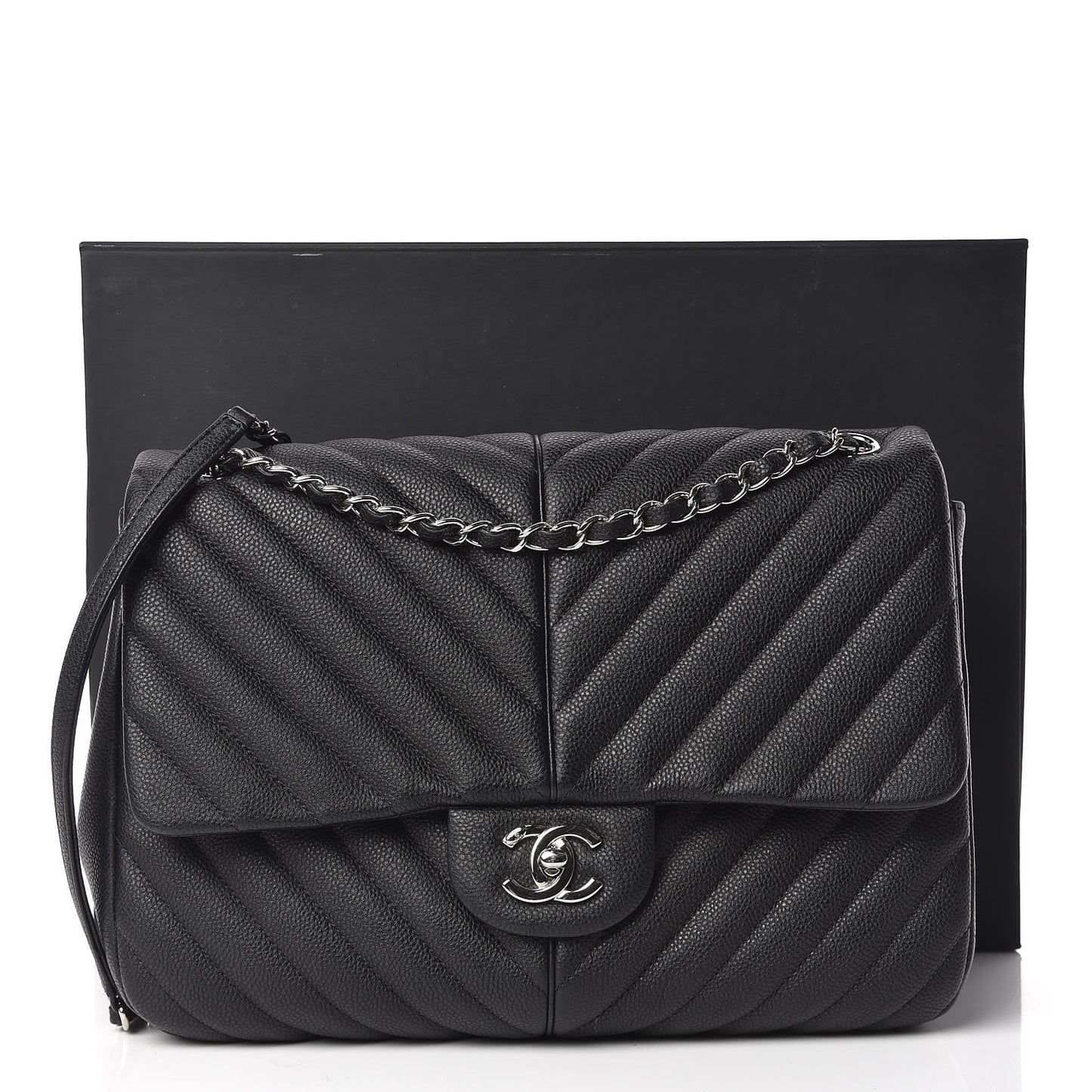 Caviar Chevron Quilted Large Puffy CC Flap Black