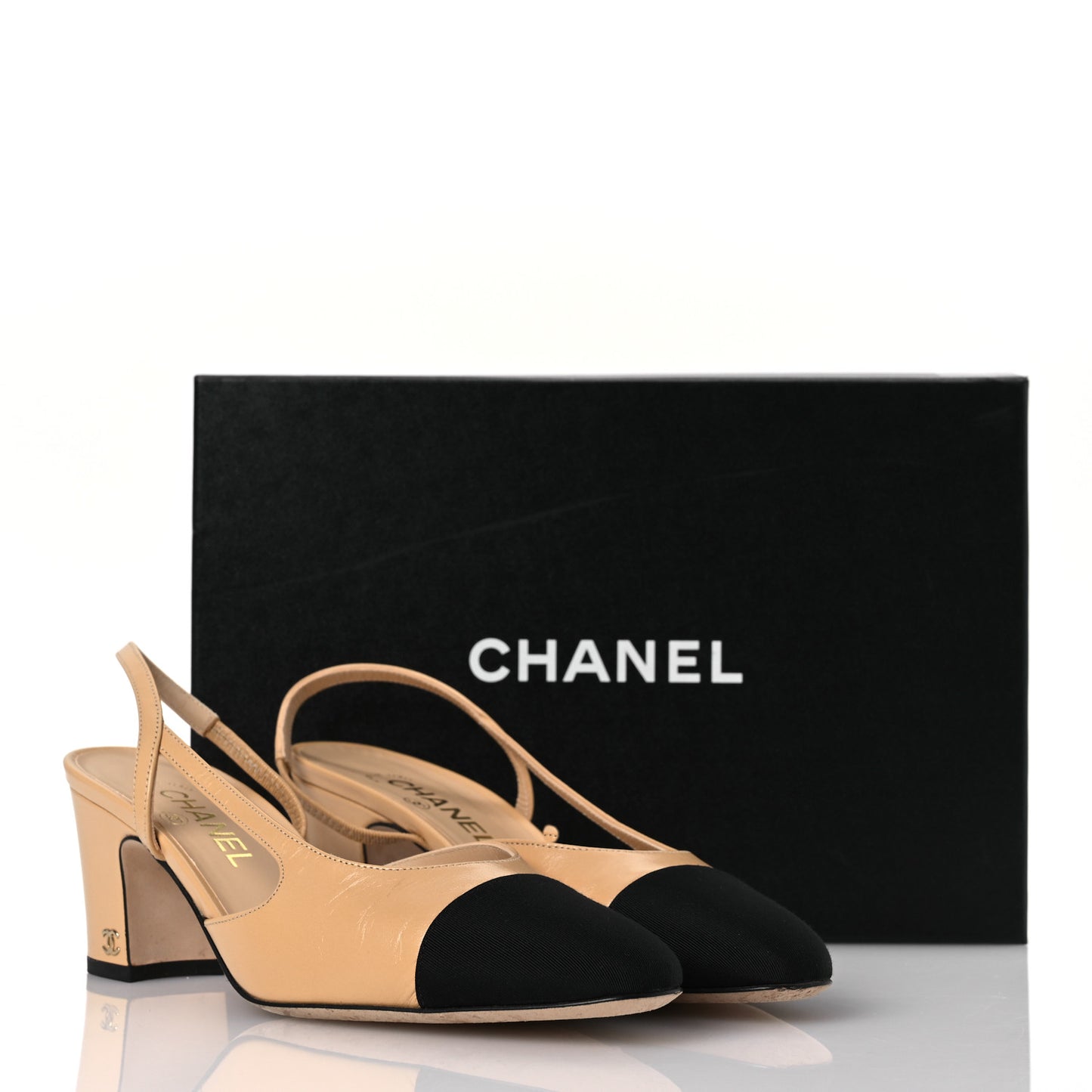 Goatskin Grosgrain Cap Toe CC Slingback Pumps 40 Beige Black