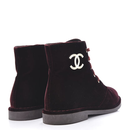 Chanel Velvet CC Lace Up Boots 36.5 Burgundy 4 of 10