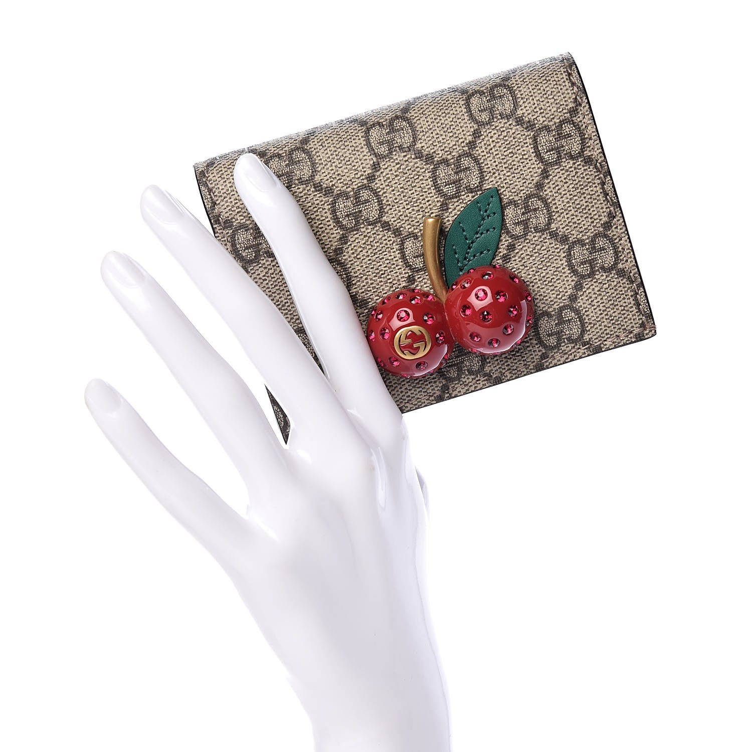 Gucci GG Supreme Monogram Cherry Embellished Card Case Wallet Hibiscus Red 2 of 8