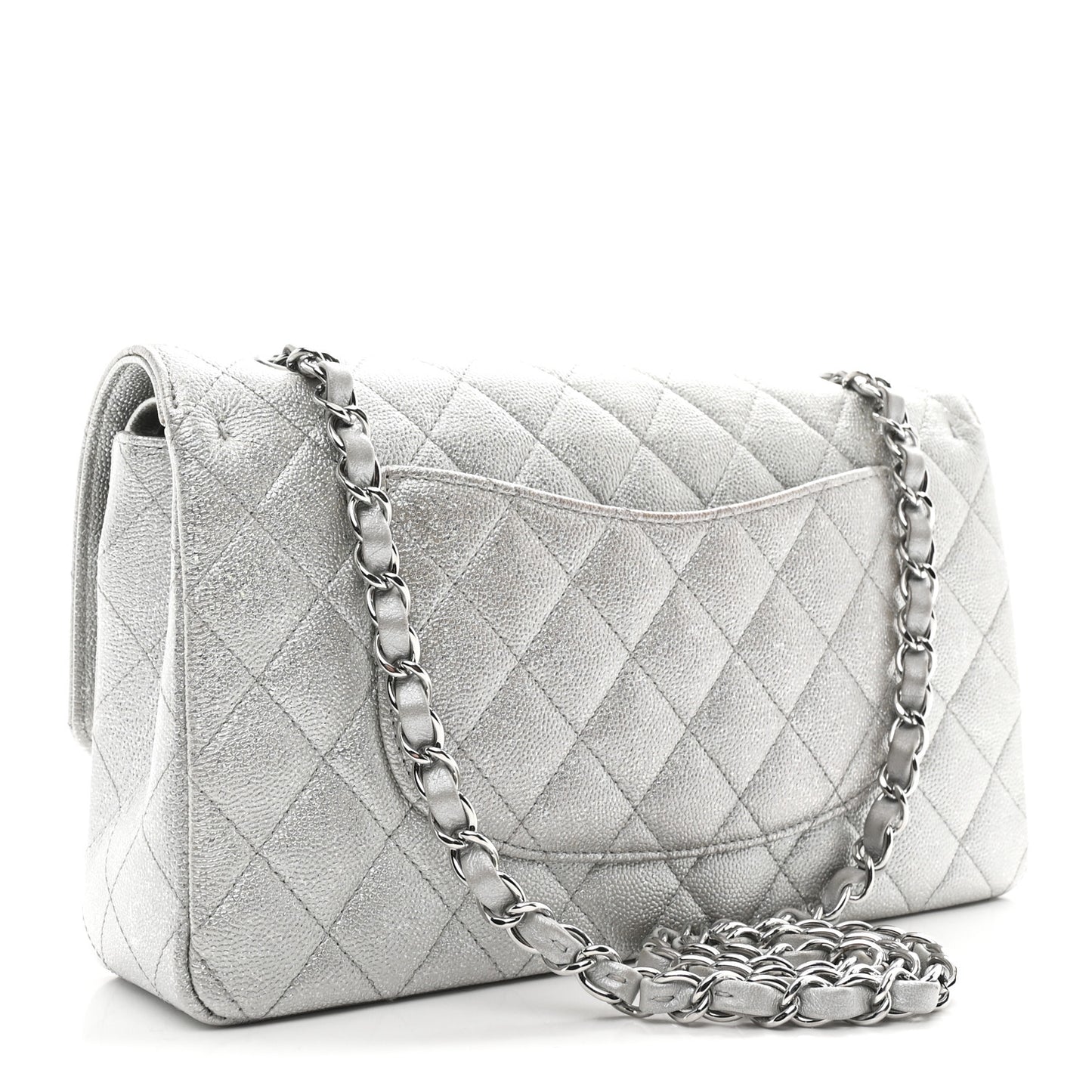 Glittered Metallic Caviar Quilted Medium Double Flap Silver