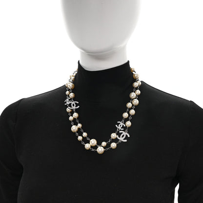 Chanel Crystal Pearl CC Long Necklace Silver 2 of 5