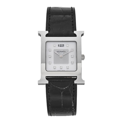 Hermes Stainless Steel Alligator Diamond Mother of Pearl 26mm Heure H Hour Quartz Watch Noir 1 of 5