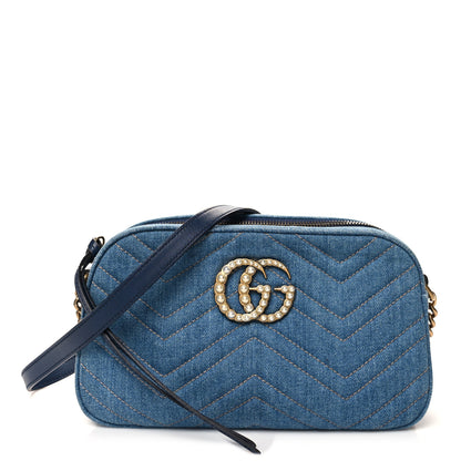 Gucci Denim Matelasse Small Pearly GG Marmont Chain Shoulder Bag Blue 1 of 10