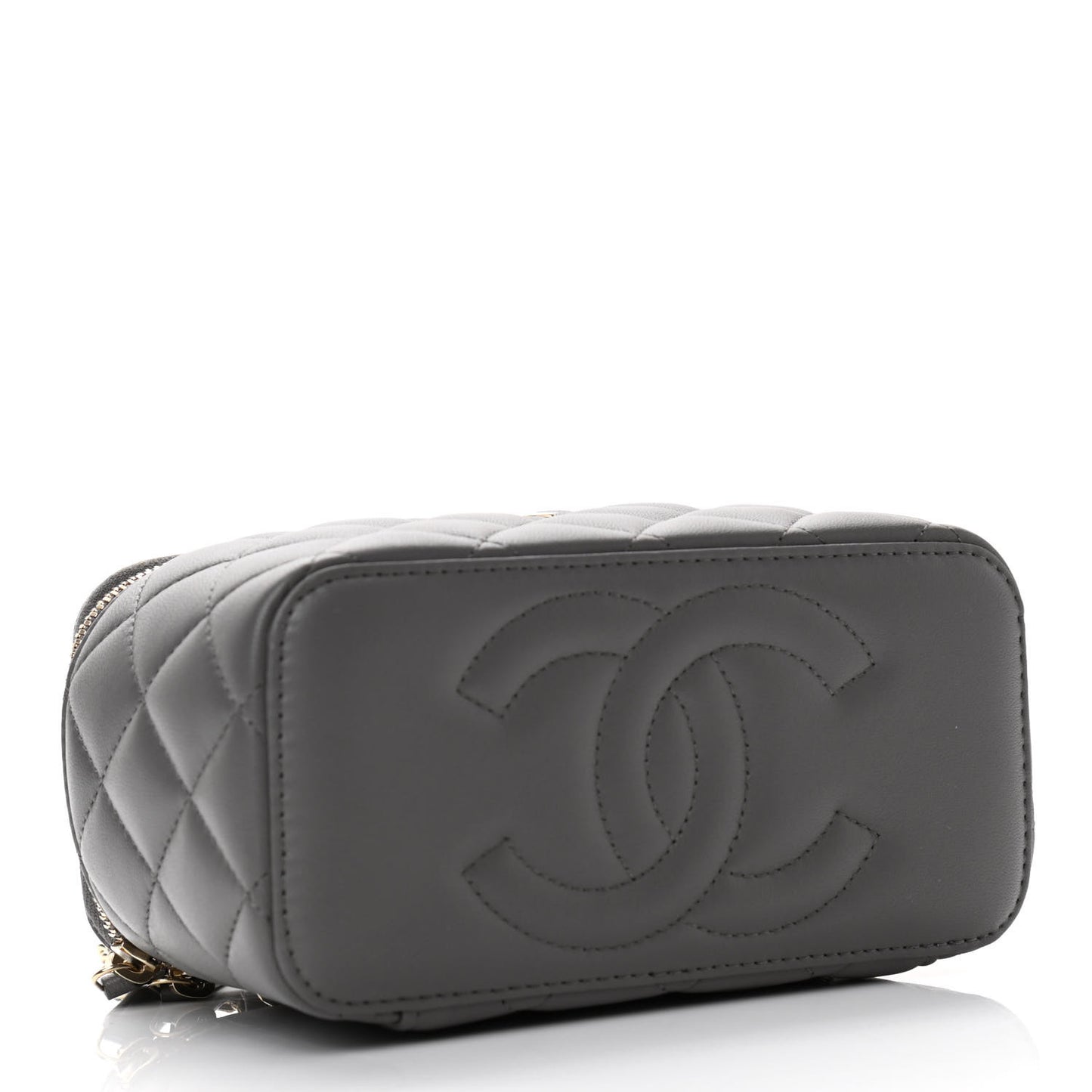 Lambskin Quilted Small Top Handle Vanity Case With Chain Dark Grey