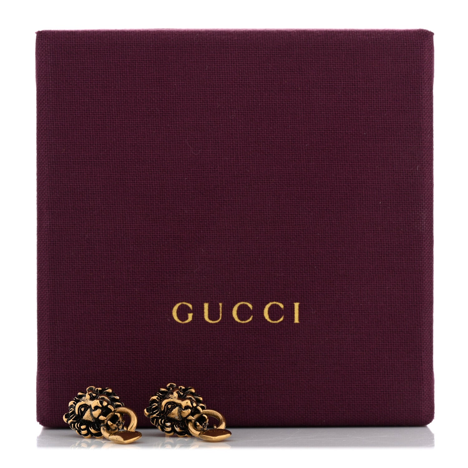Gucci Metal Lion Head Heart Drop Earrings Aged Gold 5 of 5