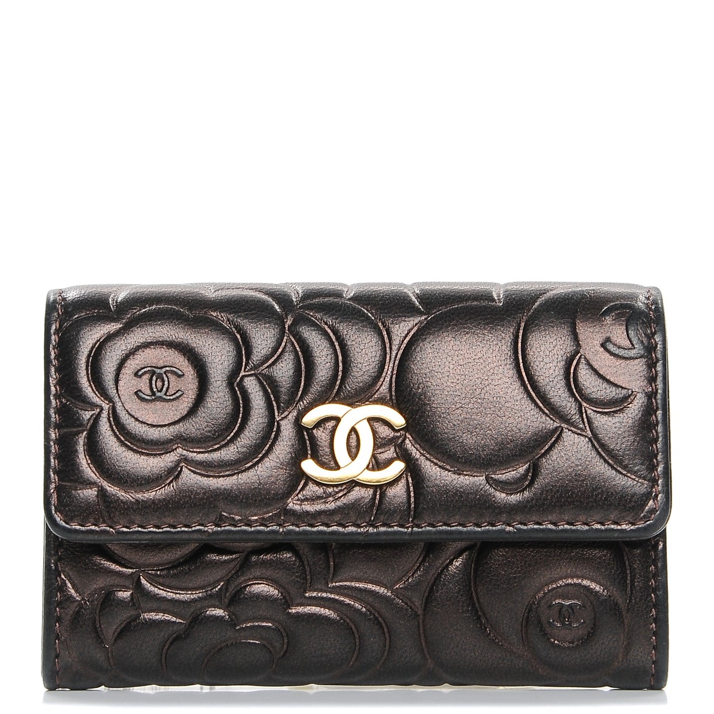 Metallic Lambskin Camellia Embossed Card Holder Brown