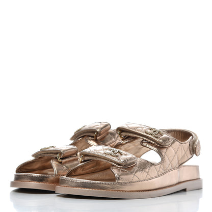 Chanel Iridescent Lambskin Quilted Velcro Dad Sandals 39 Light Bronze 3 of 9