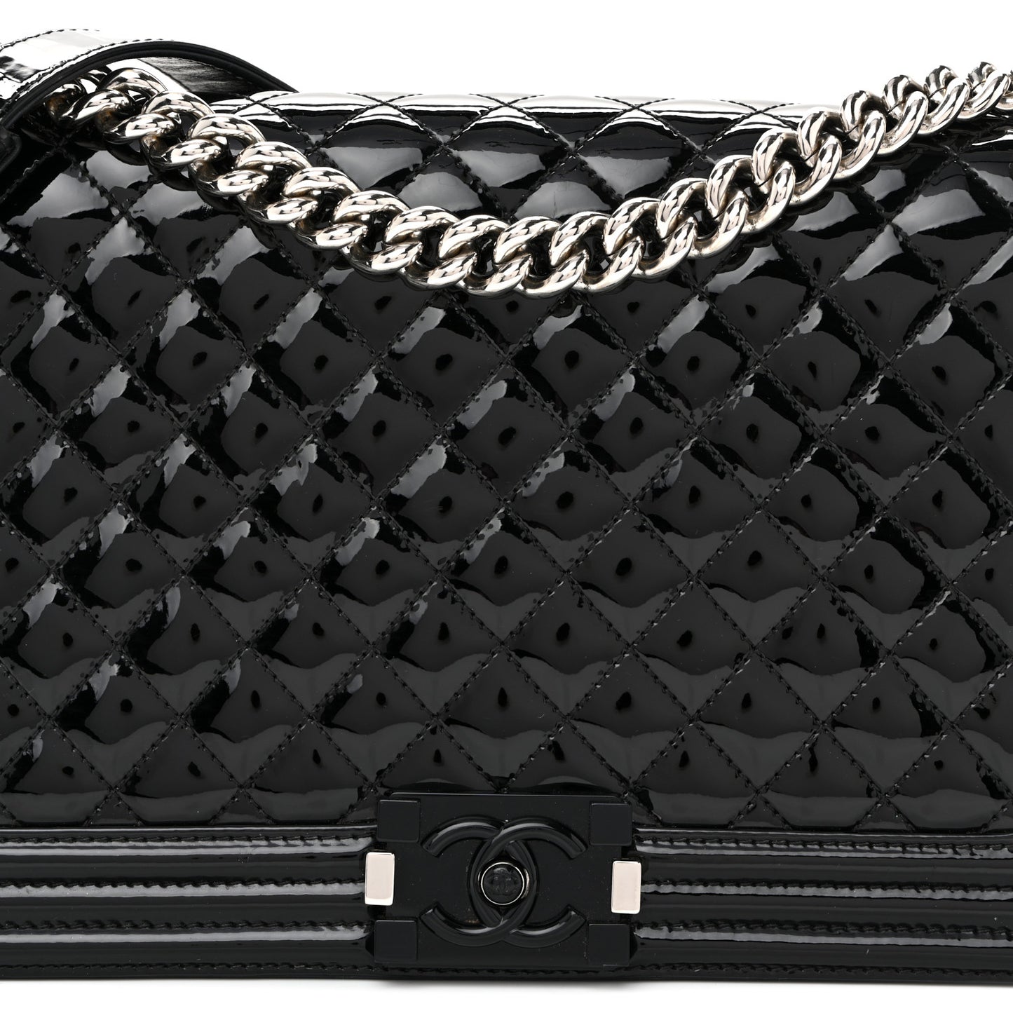 Patent Calfskin Quilted New Medium Plexiglass Boy Flap Black