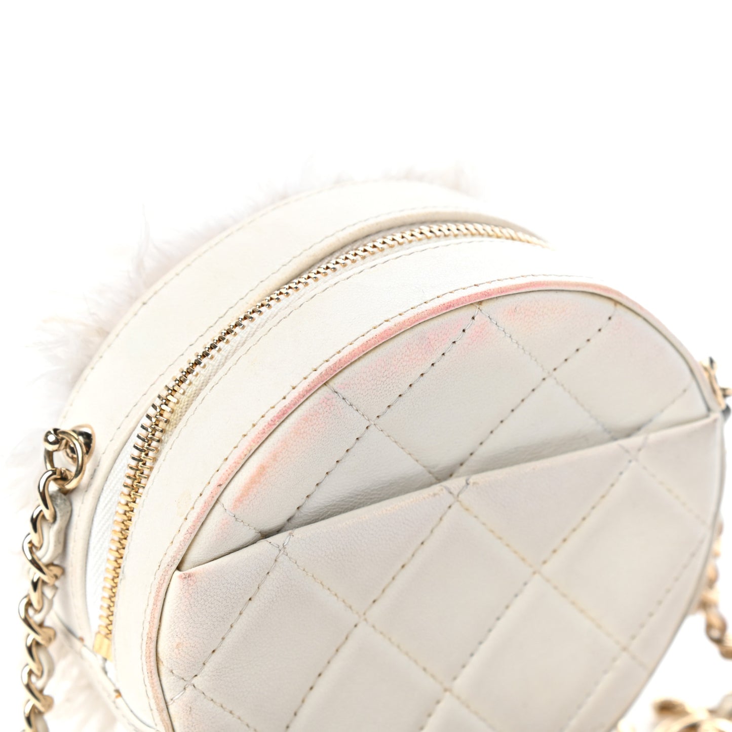 Lambskin Fur Quilted Round Clutch With Chain Ivory