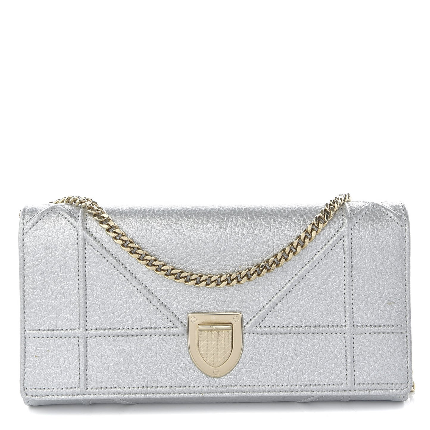 Metallic Grained Calfskin Diorama Croisiere Chain Wallet Silver
