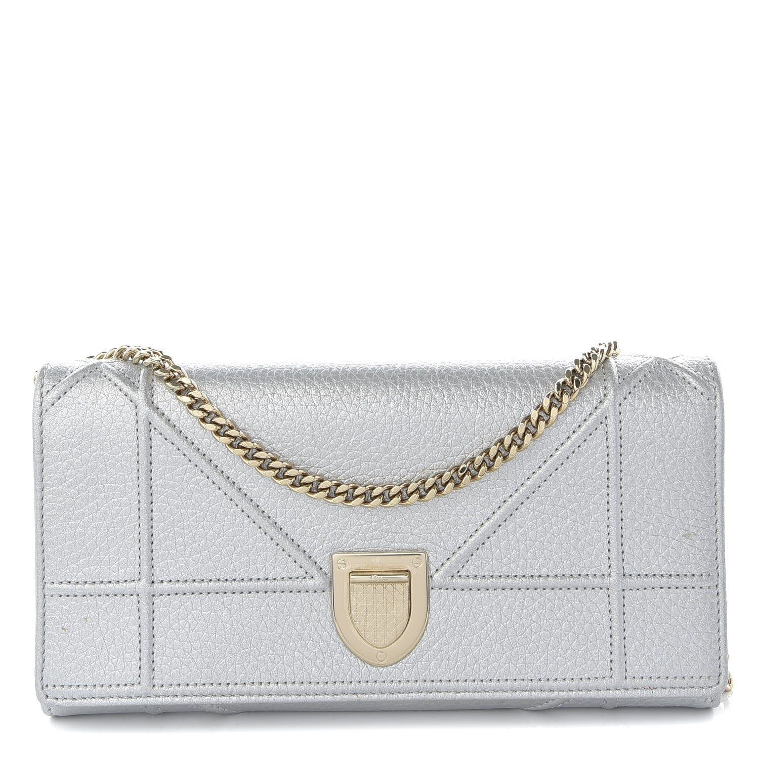 Christian Dior Metallic Grained Calfskin Diorama Croisiere Chain Wallet Silver 1 of 9