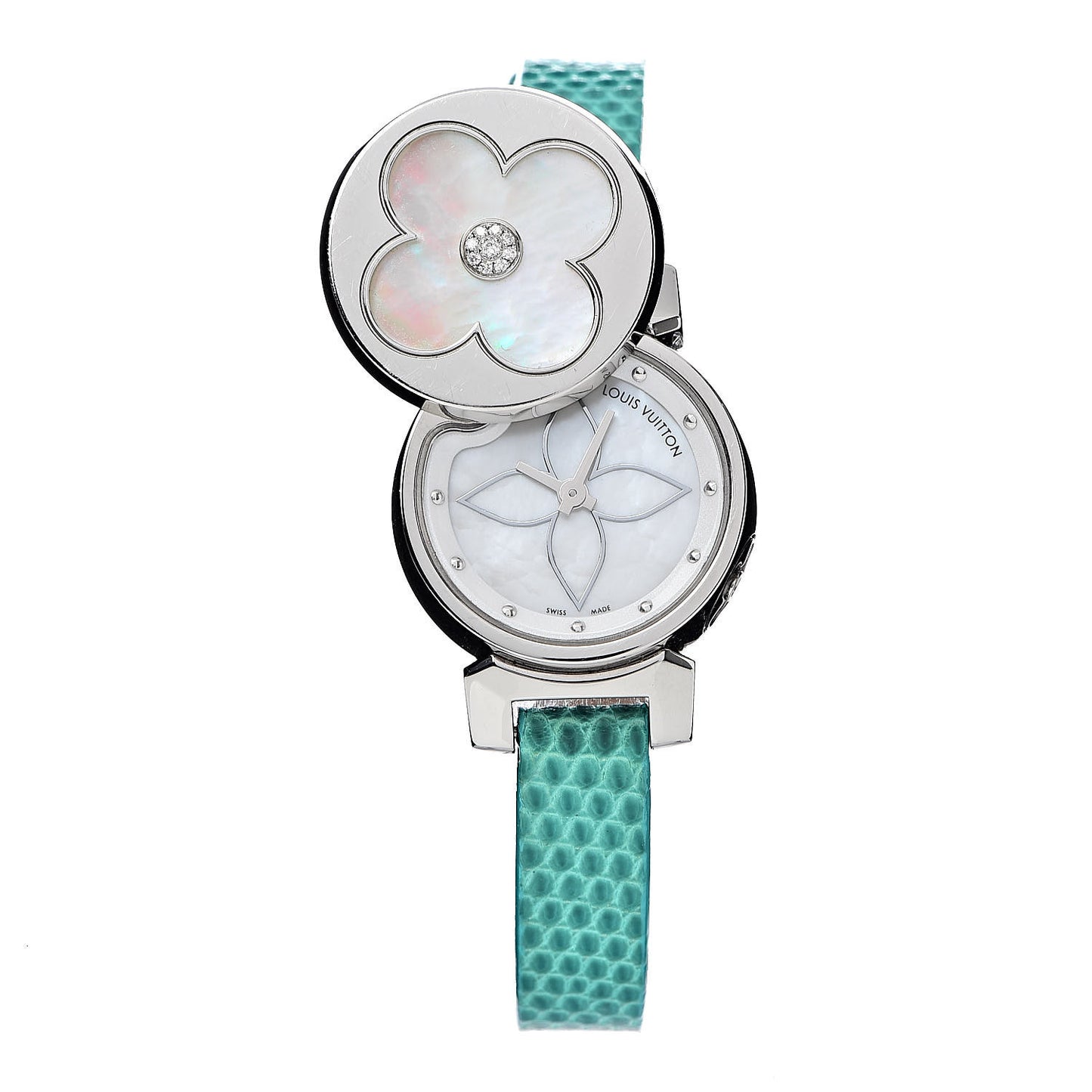 Stainless Steel Lizard Diamond Mother of Pearl 22mm Tambour Bijou Secret Quartz Watch