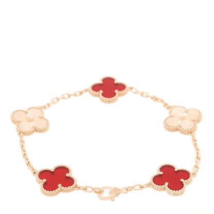 Van Cleef & Arpels 18K Rose Gold Carnelian 5 Motifs Guilloche Vintage Alhambra Bracelet 2 of 4