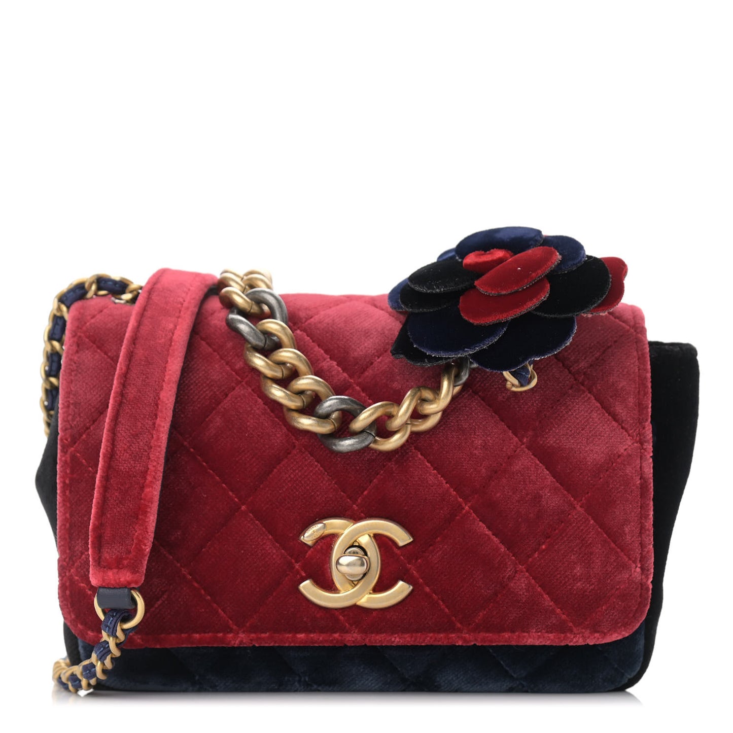 Velvet Quilted Small Camellia Flap Black Red Blue