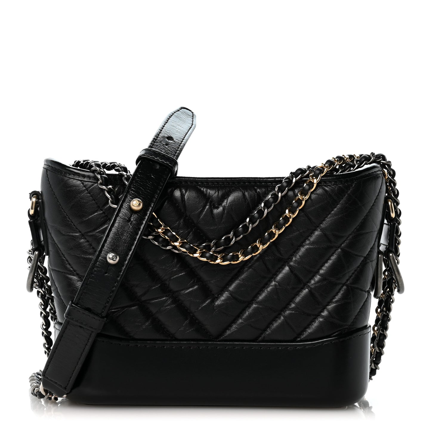 Aged Calfskin Chevron Quilted Small Gabrielle Hobo Black