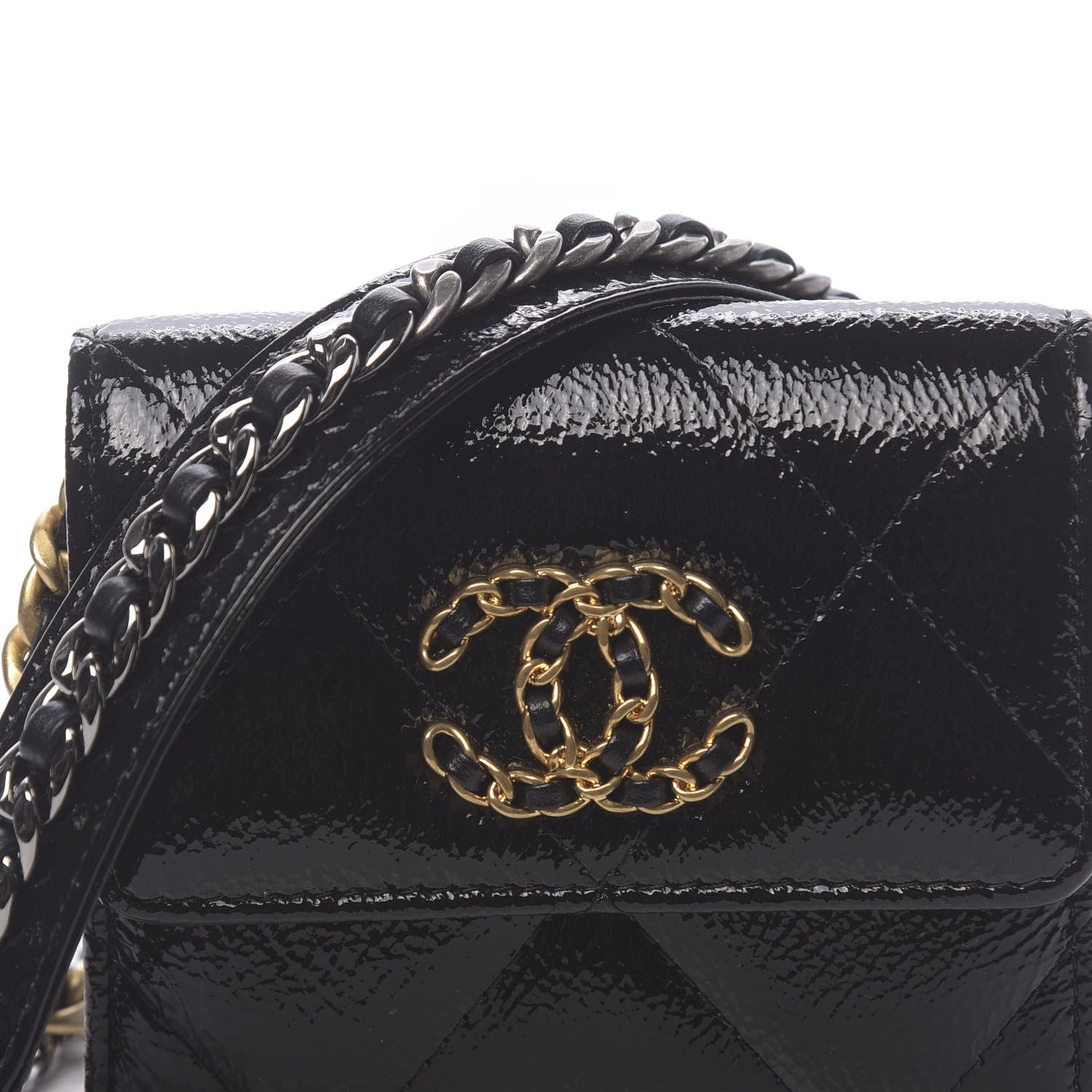 Chanel Shiny Crumpled Calfskin Quilted Chanel 19 Flap Coin Purse With Chain Black 11 of 12
