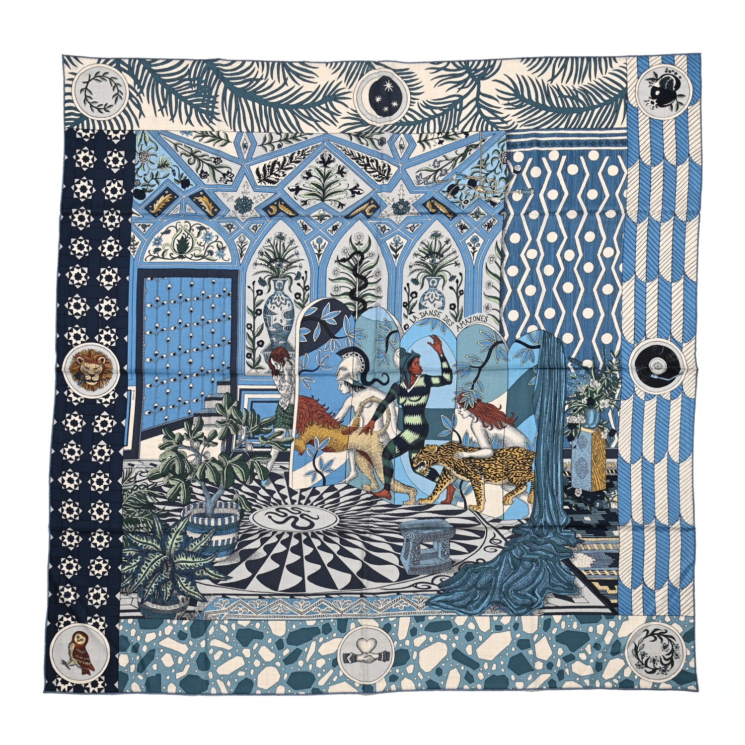 Hermes Cashmere Silk La Danse Des Amazones Shawl 140 Bleu Gris Vert 1 of 7
